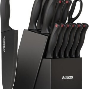 Astercook Knife Set for Kitchen with Block and Sharpener 15pcs German