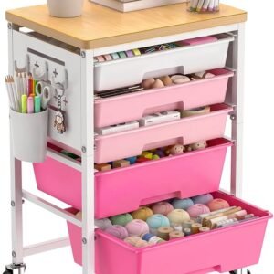 ALVOROG Rolling Storage Cart with 5 Drawers,Pegboards,Wooden Top,Bins,Pink