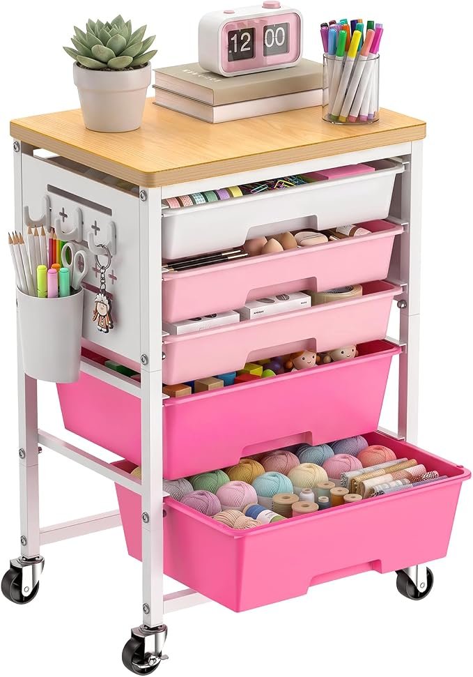 ALVOROG Rolling Storage Cart with 5 Drawers,Pegboards,Wooden Top,Bins,Pink