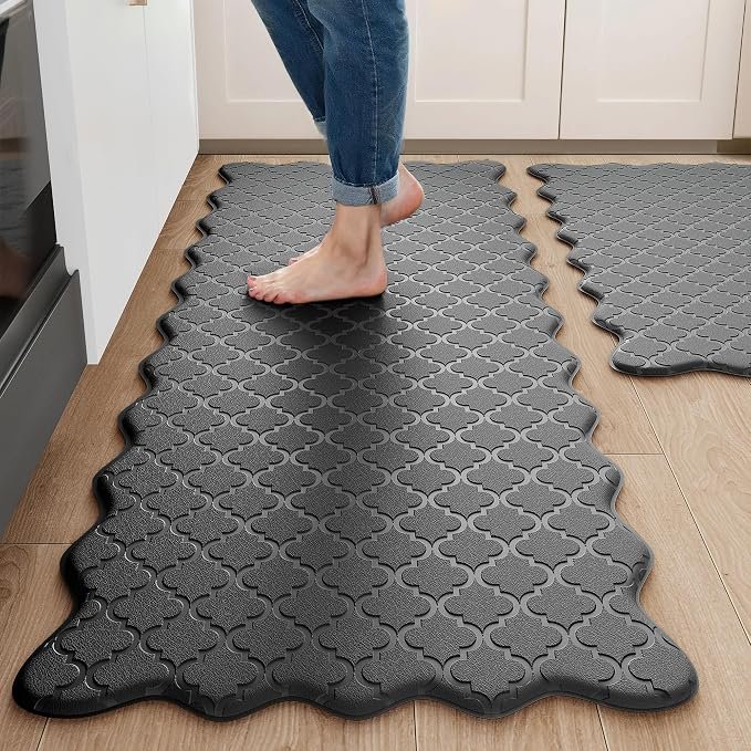 Arenarug Upgrade Scalloped Kitchen Mats for Floor 2PCS, Black Kitchen Rugs